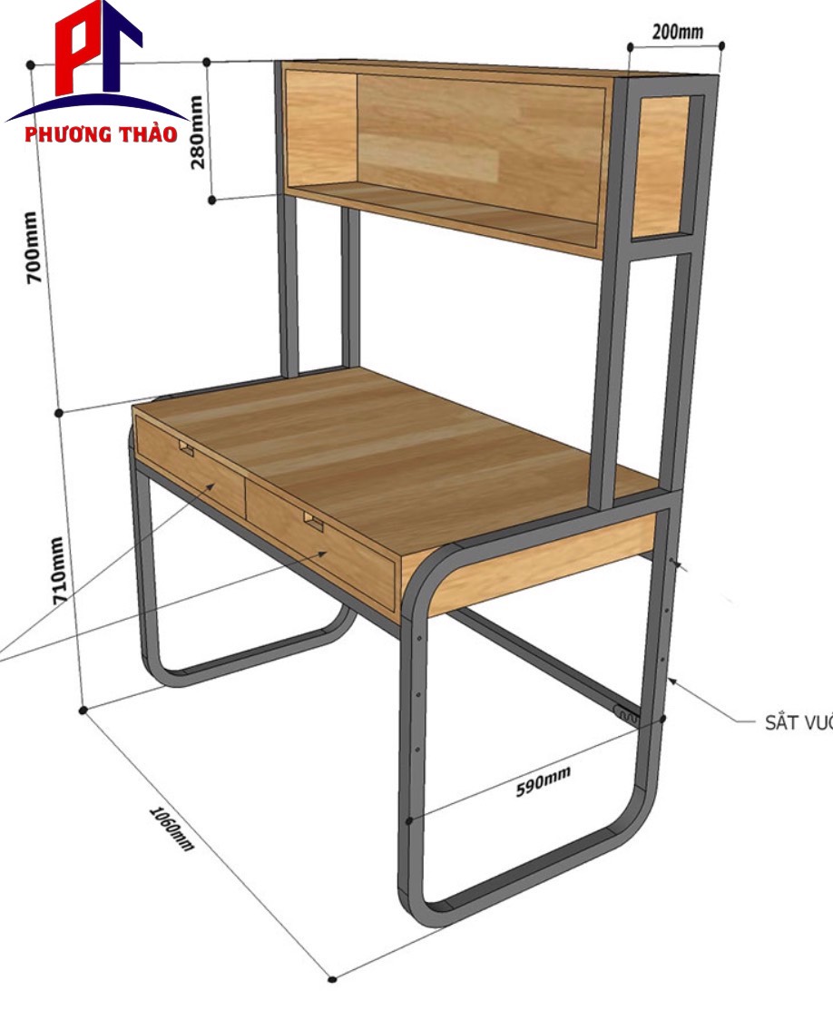 Bàn Học Liền Kệ Sách Khung Sắt PT06
