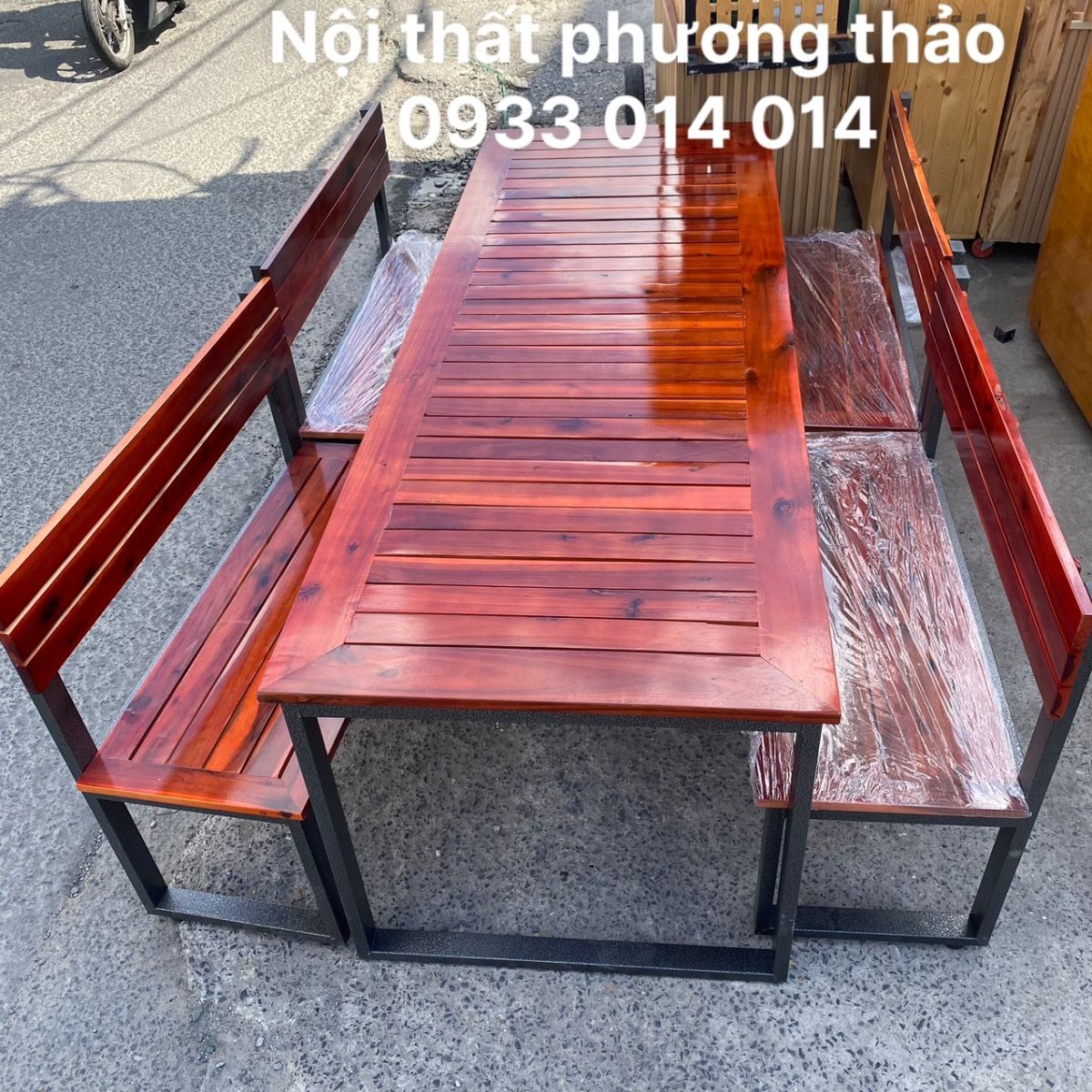 BỘ BÀN GHẾ BĂNG DÀI CÓ TỰA KHUNG SẮT GỖ TRÀM XÀ CỪ