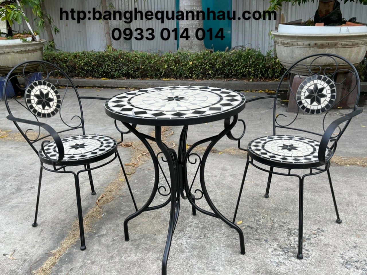 BỘ BÀN 2 GHẾ SẮT MỸ NGHỆ GỐM  CAFE SÂN VƯỜN