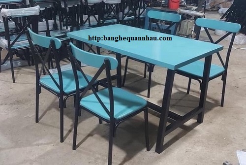BỘ BÀN GHẾ QUÁN NHẬU NHÀ HÀNG KHUNG SẮT CHỮ X SƠN MÀU XANH